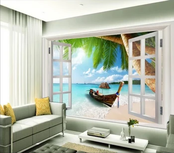 Dekoratyvinės tapetų 3D beach kokoso kraštovaizdžio fone sienų tapyba Nuotrauka 2