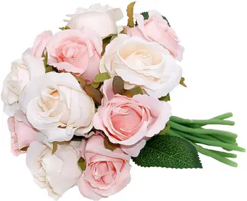 12 Vadovai, Dirbtinės Gėlės Rožės, Nuotakos Puokštė Rožių Netikrą Rožės su Trumpu Kamieninių Rožinė + Šampanas