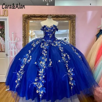 Royal Blue vestido de 15 anos Quinceanera Suknelės su 3D Aplikacijos Zawalcowany Saldus 16 Suknelė Brangioji Inscenizacija Chalatai Valymo Traukinio