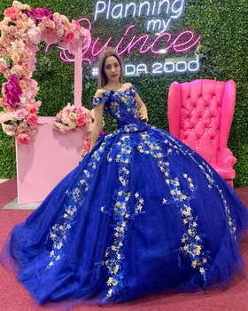 Royal Blue vestido de 15 anos Quinceanera Suknelės su 3D Aplikacijos Zawalcowany Saldus 16 Suknelė Brangioji Inscenizacija Chalatai Valymo Traukinio Nuotrauka 2