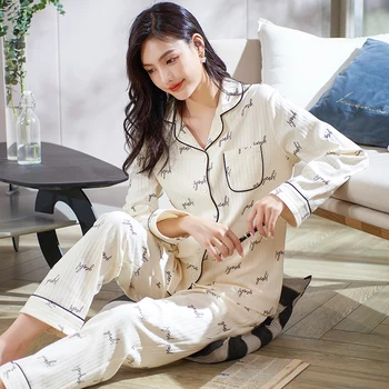 Laiškas spausdinti medvilnės rudens žiemos pajama nustatyti moterų sleepwear atsitiktinis ilgomis rankovėmis atvartas cardigan pižamos moterų namų drabužiai