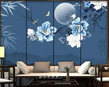 Beibehang tapetai, freskos Kinų stiliaus bambuko lapų, bijūnų žiedų, ir paukščių, TV foną, sienų apdaila freskos 3d tapetai