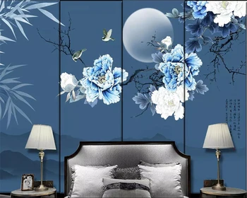 Beibehang tapetai, freskos Kinų stiliaus bambuko lapų, bijūnų žiedų, ir paukščių, TV foną, sienų apdaila freskos 3d tapetai Nuotrauka 2