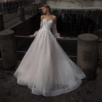 2022 Brangioji Vestuvių Suknelės Ilgomis Rankovėmis Dramblio Kaulo Valymo Traukinio Aplikacijos A-Line Bridal Suknelės Vestido Novia Chalatas De Soiree