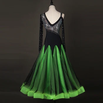 žalia sportinių šokių suknelė pakraštyje standartinių šokių suknelė vienos valsas šokių suknelė dėvėti kalnų krištolas šokio kostiumai Nuotrauka 2