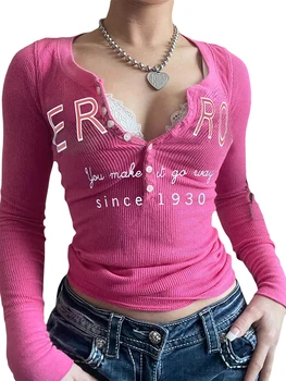 Moterų Y2k Liesas Long Sleeve Top Tee Seksualus Slim Įrengtas Megzti Pasėlių Marškinėliai Raišteliu Palaidinės Viršų Streetwear
