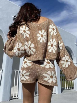 Jastie 4 Spalvų 2022 Žiemą, Rudenį Moterų Megztinis Nustato Daisy Gėlių Megzti Loungewear Laisvas Megztinis Viršūnes Trumpas Kelnes