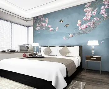 Individualizuotos Fono paveikslėlį 3d Magnolija ranka-dažytos brushwork gėlės ir paukščiai 3D miegamasis TV Foną freskos kambarį