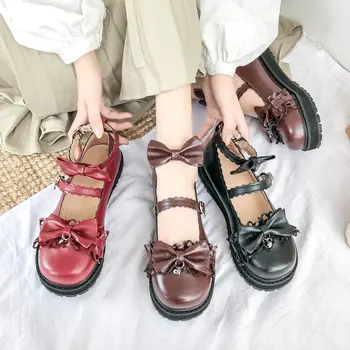 Japonijos studentų saldus lolita batai derliaus apvali galva, storos apačioje moterų batai mielas bowknot tuščiaviduriai kawaii batai loli cosplay