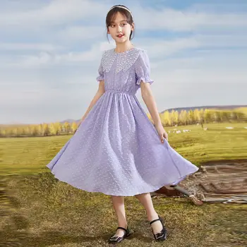 2022 m. Vasarą Naująjį Vaikelį Mergaičių Mados Princesė Šifono Polka Dot Ilga Suknelė Vaikų Drabužių trumpomis Rankovėmis, O-kaklo Suknelės W18