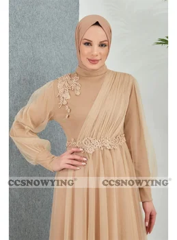 Tiulio Appliques Musulmonų Vakaro Suknelės Ilgomis Rankovėmis Islamo Hijab Prom Oficialią Šalies Suknelė Moterims Arabų Dubajus Chalatas De Soiree Nuotrauka 2