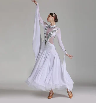 Baltoji Salė Konkurenciją Šokių Suknelės Moterims 2023 Naujas Ilgomis Rankovėmis Valsas Šokis Sijonas Standartinių Sportinių Šokių Suknelė Suaugusiųjų Nuotrauka 2