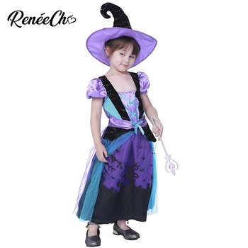 Reneecho Violetinė Magija Ragana Kostiumas Mergaitėms Helovinas Kostiumai Vaikams, Karnavaliniai Šalies Fancy Dress Ragana Skrybėlę Vaikas Princesė Cosplay