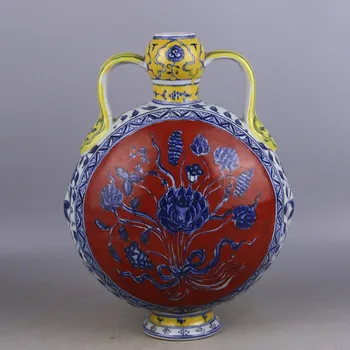 Ming Dyansty (YongLe) mėlyna ir balta plokščia vaza su puokšte 