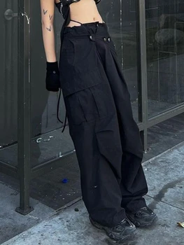 Multi-pocket Juoda Baggy Kelnės Mados Streetwear Pavasarį Moterys Džinsinio audinio Kelnės Prarasti Aukšto Juosmens Krovinių Kelnės korėjos Harajuku Nuotrauka 2
