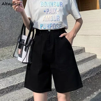 Moterų Džinsinio Šortai Kišenės Retro High Street Studentų Tiesiai Zip-up Imperijos Juosmens Harajuku Trumpos Kelnės Femme Laisvalaikio Ulzzang