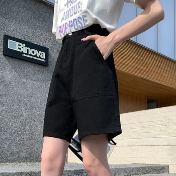 Moterų Džinsinio Šortai Kišenės Retro High Street Studentų Tiesiai Zip-up Imperijos Juosmens Harajuku Trumpos Kelnės Femme Laisvalaikio Ulzzang Nuotrauka 2