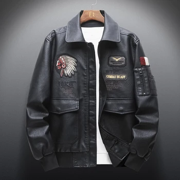 2022 m. Pavasarį, Rudenį, Vyrai 's Retro Odinės Striukės, Siuvinėjimo Outwear Atsitiktinis Motociklo Pu Striukė Dviratininkas Švarkelis, Multi-kišenės.