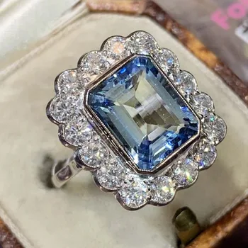 Prabangus Retro Ponios Dangaus Mėlyna, Royal Mėlyna Cirkonis Vestuvių Žiedas Mados Juvelyrika Dovanos Prom Papuošalai