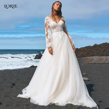 LORIE Bohemijos Ilgai Appliques Rankovėmis Nuotakos Suknelės V-Kaklo, Atidarykite Galinį Lace A-Line Wedding Chalatai Kvailas-Ilgis Moterų Nuotakos Suknelė