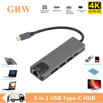 GRWIBEOU 4K USB C Hub su Gigabit Ethernet Rj45 Lan 5 in 1 USB Tipo C Hub Adapteris, skirtas 