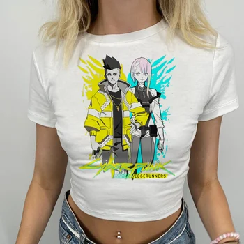 Cyberpunk Edgerunners marškinėliai streetwear korėjos mados estetinės pasėlių viršų Moteris kawai fairycore manga Harajuku marškinėlius