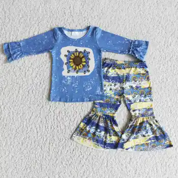 mados baby girl drabužiai mėlyna ilgomis rankovėmis saulėgrąžos modelis atsitiktinis bell-dugnas 100% medvilnės boutique vaikams drabužių rinkiniai