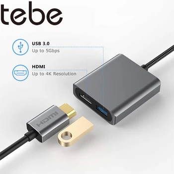 tebe 2 IN 1, USB, C Hub Adapterio Tipas-c 3.1-4K HDMI Konverteris su USB 3.0 