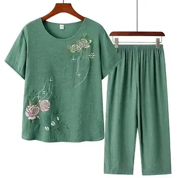 Ziajać Rinkiniai Moterims Laisvalaikio elegancija trumpomis Rankovėmis T-shirt Viršuje Kelnės Gėlių Spausdinti Prarasti Loungewear Namų Apranga moteriški Drabužiai 2021