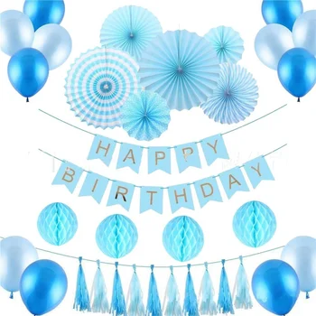 Mėlyna gimtadienio apdailos balionas nustatyti langų išdėstymą mėlyna korio kamuolys kutas popieriaus ventiliatorius gėlių gimtadieniu starta