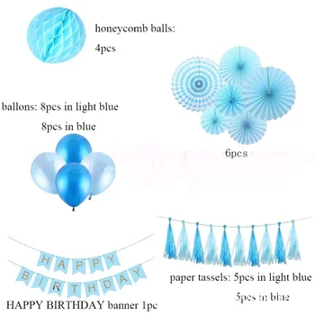 Mėlyna gimtadienio apdailos balionas nustatyti langų išdėstymą mėlyna korio kamuolys kutas popieriaus ventiliatorius gėlių gimtadieniu starta Nuotrauka 2