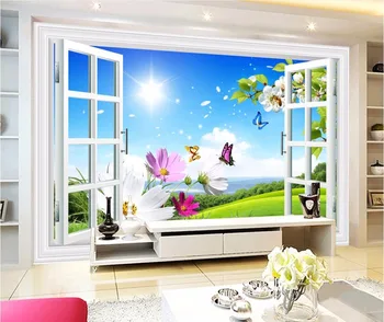 Pasirinktinius nuotraukų freskos 3d tapetai Saulė, žolė, gėlės drugelis langų dekoro tapybos 3d sienos freskos tapetai už kambarį