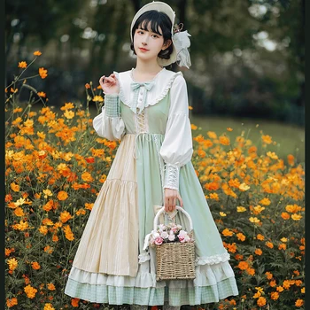 Princess arbatėlė saldus lolita dress senovinių nėrinių bowknot sielovados stiliaus suknelė švieži pledas susiuvimo ilga suknelė cosplay cos