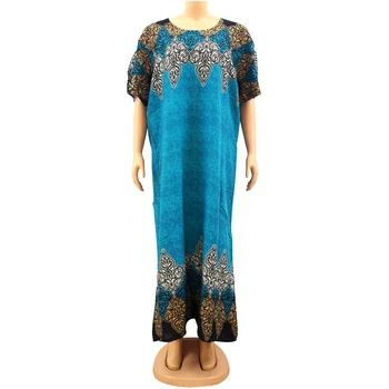 2020 Naujas Mados Afrikos Spausdinti Mėlynos spalvos trumpomis Rankovėmis Apvalios Kaklo Elegantiškas Vasarą Moterys Maxi Suknelės su Skara