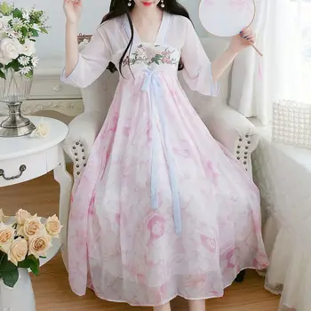 Tradicinis kinų Hanfu Suknelė Vasarą, Rudenį Išsiuvinėti paaukštintu liemeniu Vidurio-rankovės Šifono Suknelė Cosplay Pasakų Kostiumas Moterims
