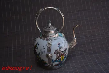 Labai reti Čing Dinastija sidabro ir porceliano arbatinukas,Keturių senovės Kinijos grožio