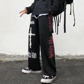 Punk Hipių Pločio Kojų Kelnės Moterims Gotikos Harajuku Korėjos Streetwear Grafiti Anime Laisvas Kelnes Goth Kelnės Mados 2021 Nuotrauka 2