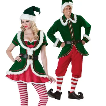 Vyrų ir moterų pora šalies žalia elf kostiumas kalėdų kostiumas nustatyti vyrų ir moterų santa pagalbininkas cosplay