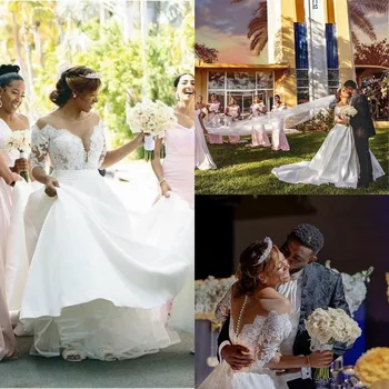 2020 Plius Dydžio satino Vestuvių Suknelės Linijos, Nėriniai Appliqued Valymo Traukinio Iliuzija Paplūdimio Vestuvių suknelė Šalies Vestidos De Novia Nuotrauka 2