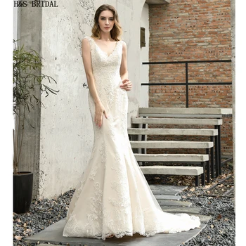 H&S BRIDAL Nėrinių undinė vestuvių suknelės V Kaklo Vestuvių Suknelės Duobute vestuvių suknelė 2020 Dramblio kaulo, Šampanas Suknelė vestido de noiva