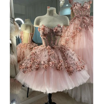 Subtili Gėlių Nėrinių Trumpas Prom Dresses Rožinė Brangioji Tiulio Elegantiškas Homecoming Suknelė Mergaitėms Korsetas Oficialią Šalies Chalatai