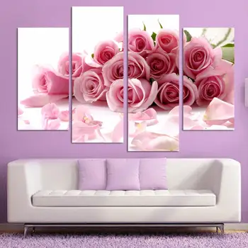 4 Plokštės Šiuolaikinės Rožinė Rožė Gėlių Sienų Tapybos Namų dekoro Paveikslų Tapyti ant Drobės Gėlių Decoracion Sienų Dekoras
