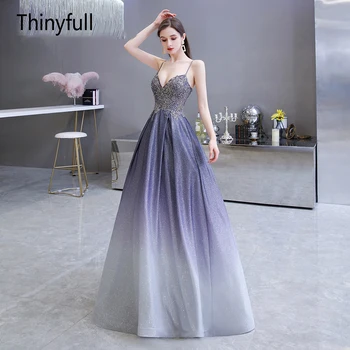 Thinyfull 2022 Blue Gradient Elegantiškas vakarinę Suknelę Suspender V-kaklo Žvaigždės Suknelė Puošnios Formos Suknelė Grindų Stiliaus vakarinę Suknelę