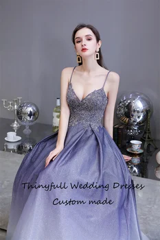 Thinyfull 2022 Blue Gradient Elegantiškas vakarinę Suknelę Suspender V-kaklo Žvaigždės Suknelė Puošnios Formos Suknelė Grindų Stiliaus vakarinę Suknelę Nuotrauka 2
