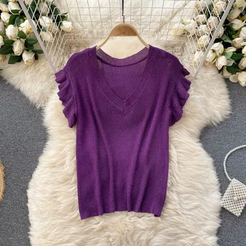 2021 m. vasarą Naujų moterų V-kaklo ruffles megzti marškinėliai + Aukšto Juosmens akių klostavimas-line sijonas tinka moteriška dviejų dalių rinkiniai Nuotrauka 2