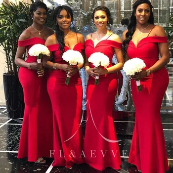 Paprasta Raudona Satino Undinė Bridesmaid Dresses Spagečiai Dirželiai Vestuves Chalatai nuo Peties Moterų Proga Suknelė