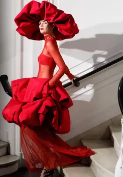 Matyti Per Rose Red Tiulio Vakaro Suknelės Ruched Pakopų Satino Aukštos Apykaklės Visą Rankovėmis Sexy Ilga Prom Chalatai Unikali Šalis Suknelė Nuotrauka 2