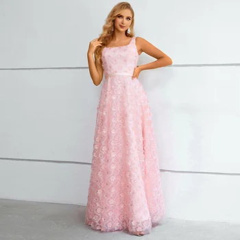 Rožinė Nėriniai, Vakaro Suknelės Moterims 2023 Linijos, Aikštės Apykaklės 3D Gėlių Promenadzie Suknelė Blizgučiais Ilgai Moterų Oficialią Šalies Chalatai