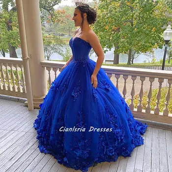 Royal Blue Brangioji Rankovių Kamuolys Suknelė Quinceanera Suknelės Meksikos Duobute Rankų Darbo Gėlės Vestido De 15 Anos Saldus 16