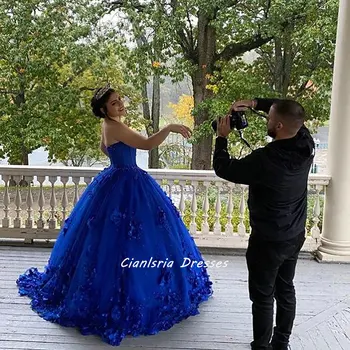 Royal Blue Brangioji Rankovių Kamuolys Suknelė Quinceanera Suknelės Meksikos Duobute Rankų Darbo Gėlės Vestido De 15 Anos Saldus 16 Nuotrauka 2
